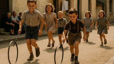 Bambini che giocano con un cerchio di legno spingendolo con un bastone in una strada di paese