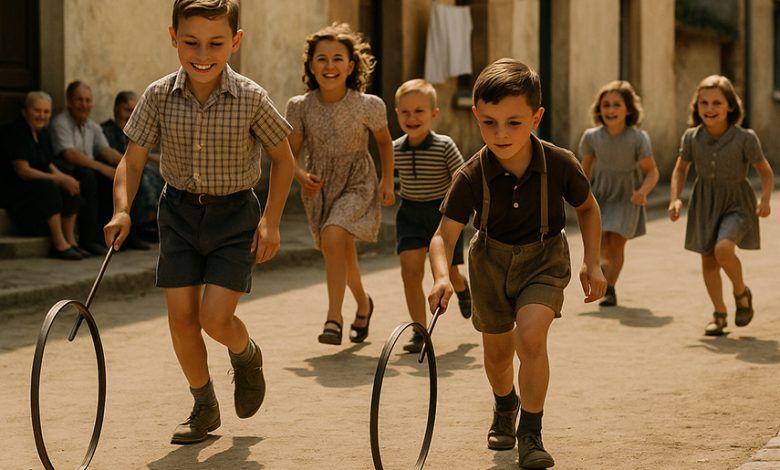 Bambini che giocano con un cerchio di legno spingendolo con un bastone in una strada di paese