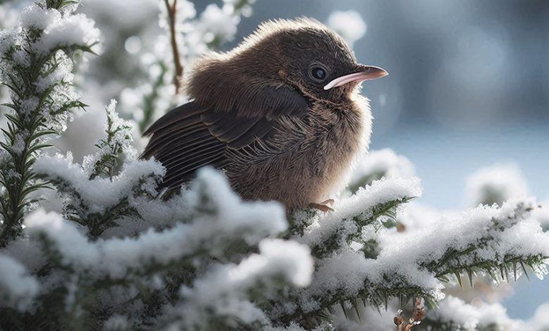 Piccolo uccellino tra rami in mezzo alla neve