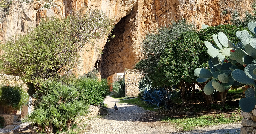La Grotta Mangiapane di Custonaci, in provincia di Trapani, vista dall'esterno. tutt'intorno case in muratura, alberi e piante verdi.