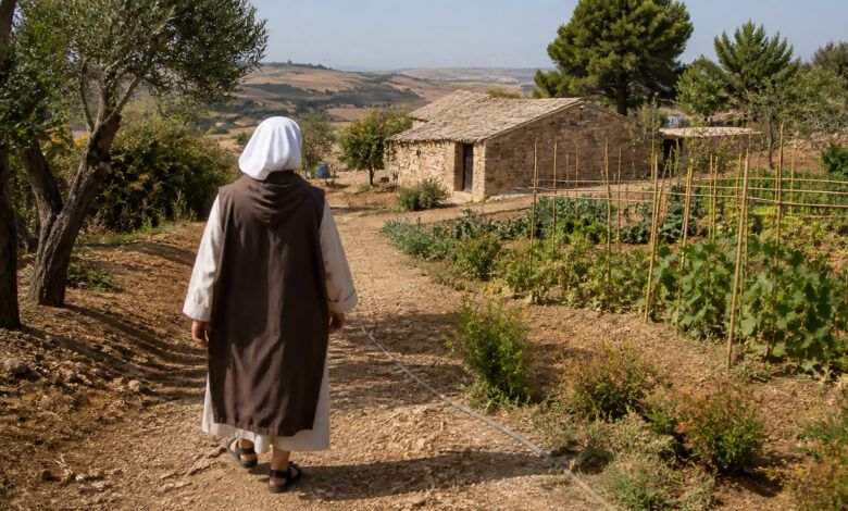Suor Elisa di spalle cammina verso l’eremo sull’altopiano di Salemi