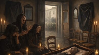 Veglia funebre antica: donne in lutto piangono accanto alla bara, specchi coperti da teli neri, candele accese, sedie vuote e porta aperta sulla strada