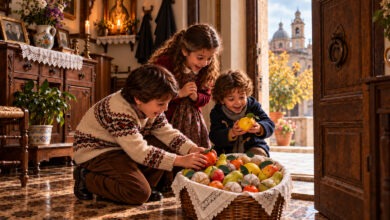 Bambini che trovano il cesto della festa dei morti con la frutta martorana