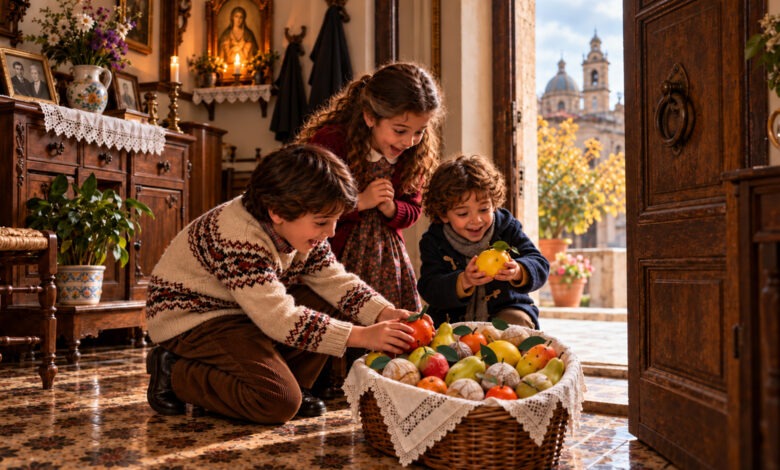 Bambini che trovano il cesto della festa dei morti con la frutta martorana