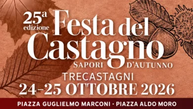 Festa del Castagno a Trecastagni 2026, grafica autunnale con castagne e foglie su fondo terracotta