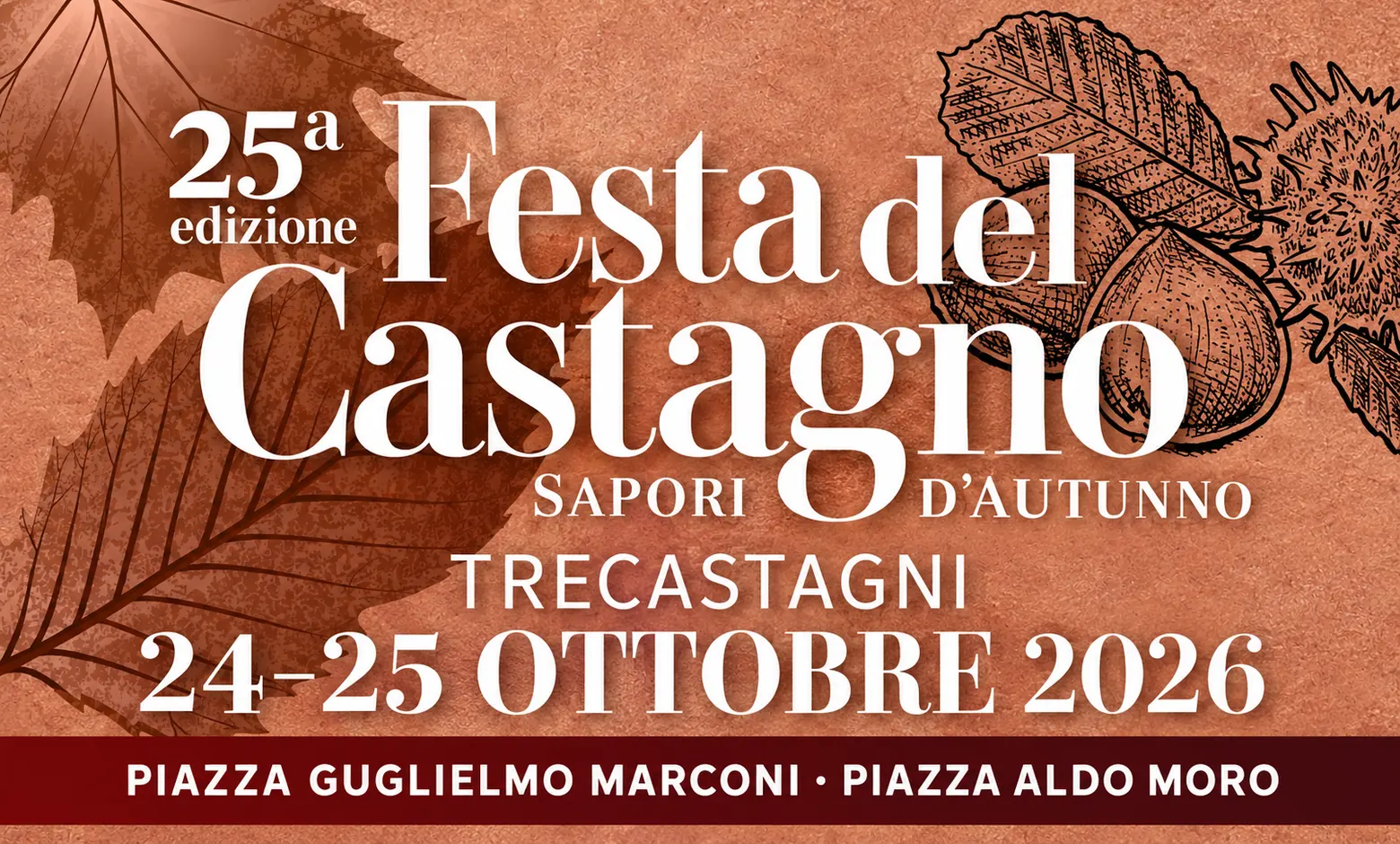 Festa del Castagno a Trecastagni 2026, grafica autunnale con castagne e foglie su fondo terracotta