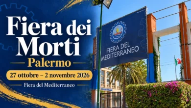 Grafica editoriale della Fiera dei Morti di Palermo 2026 con l’ingresso della Fiera del Mediterraneo