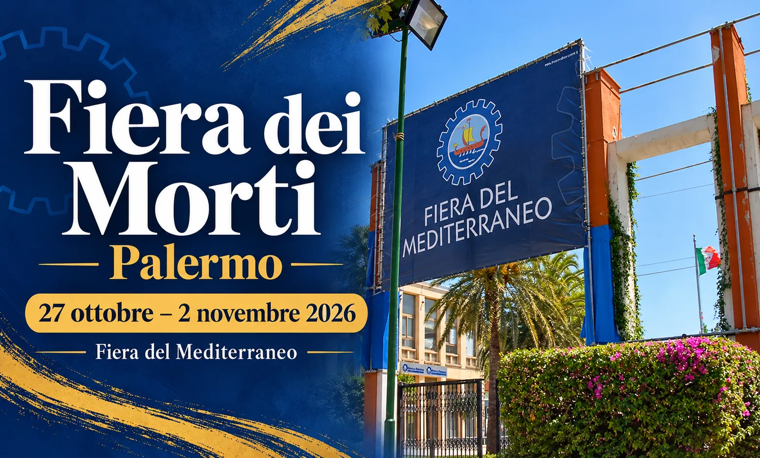 Grafica editoriale della Fiera dei Morti di Palermo 2026 con l’ingresso della Fiera del Mediterraneo