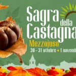 Sagra della Castagna a Mezzojuso, 30 e 31 ottobre e 1° novembre 2026, su sfondo verde con castagne e foglie