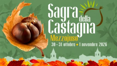 Sagra della Castagna a Mezzojuso, 30 e 31 ottobre e 1° novembre 2026, su sfondo verde con castagne e foglie