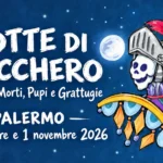 Notte di Zucchero Palermo 2026, grafica blu con pupo e date 31 ottobre e 1° novembre