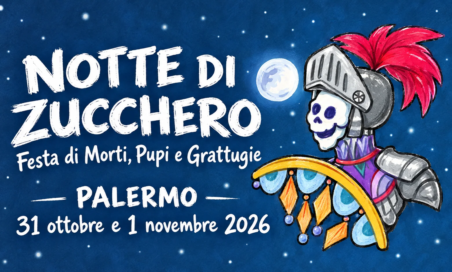 Notte di Zucchero Palermo 2026, grafica blu con pupo e date 31 ottobre e 1° novembre