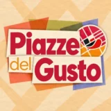 Piazze del Gusto, logo a collage rosso su sfondo beige con geometrie colorate