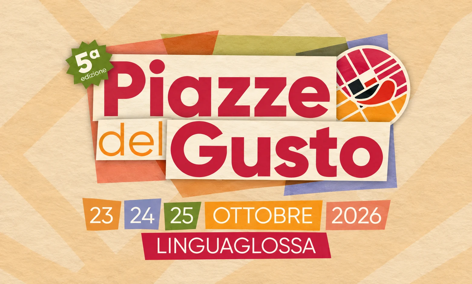 Piazze del Gusto, quinta edizione a Linguaglossa dal 23 al 25 ottobre 2026, su sfondo beige a collage