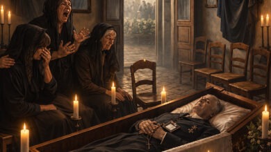 Donne in lutto accanto alla bara durante la veglia, antiche usanze funebri siciliane